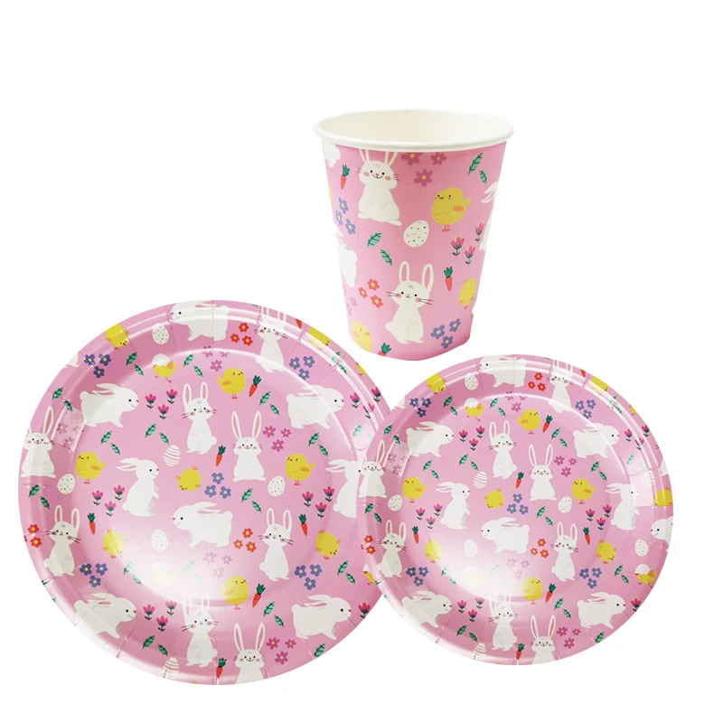 Anyou Disposable Pink 80 Counts Happy Easter Paper Tableware Set Vintage Bunny Decorative Dinnerware For Holiday Birthday Party