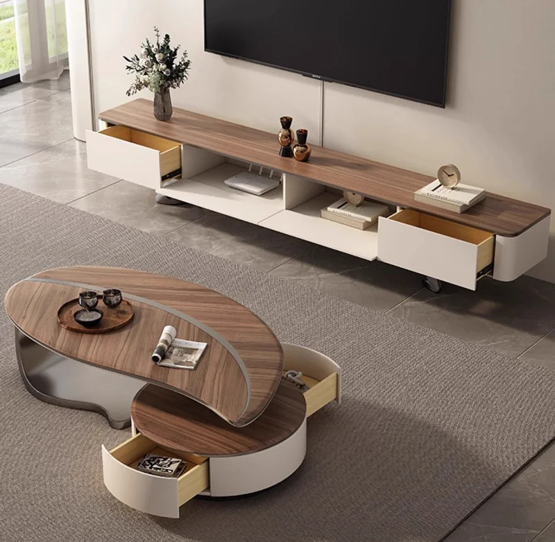 Minimalist modern designer leaf shape tea table design irregular walnut wooden coffee Table and tv stand set for Living Room