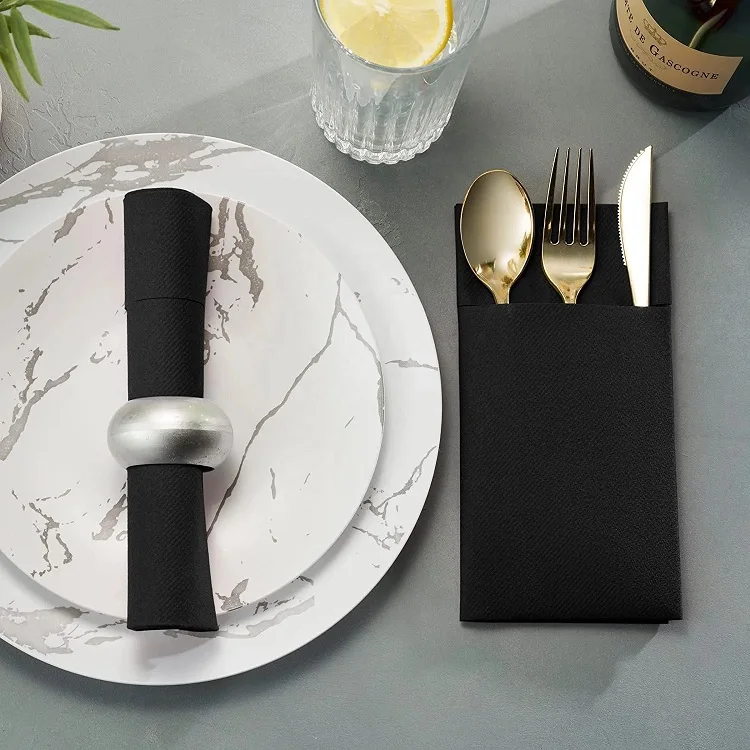 Wedding Custom Printed Disposable Cocktail Airlaid Black Paper Napkin With Pocket For Cutlery