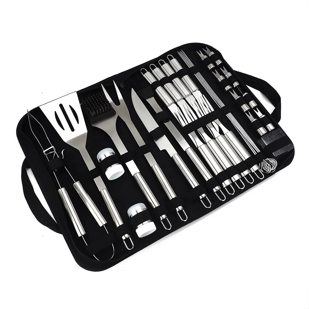 34Pieces Factory Wholesale Stainless Steel Handle Grill Round Camping Tool Set Barbecue Accessories Smoker BBQ With Carry Case