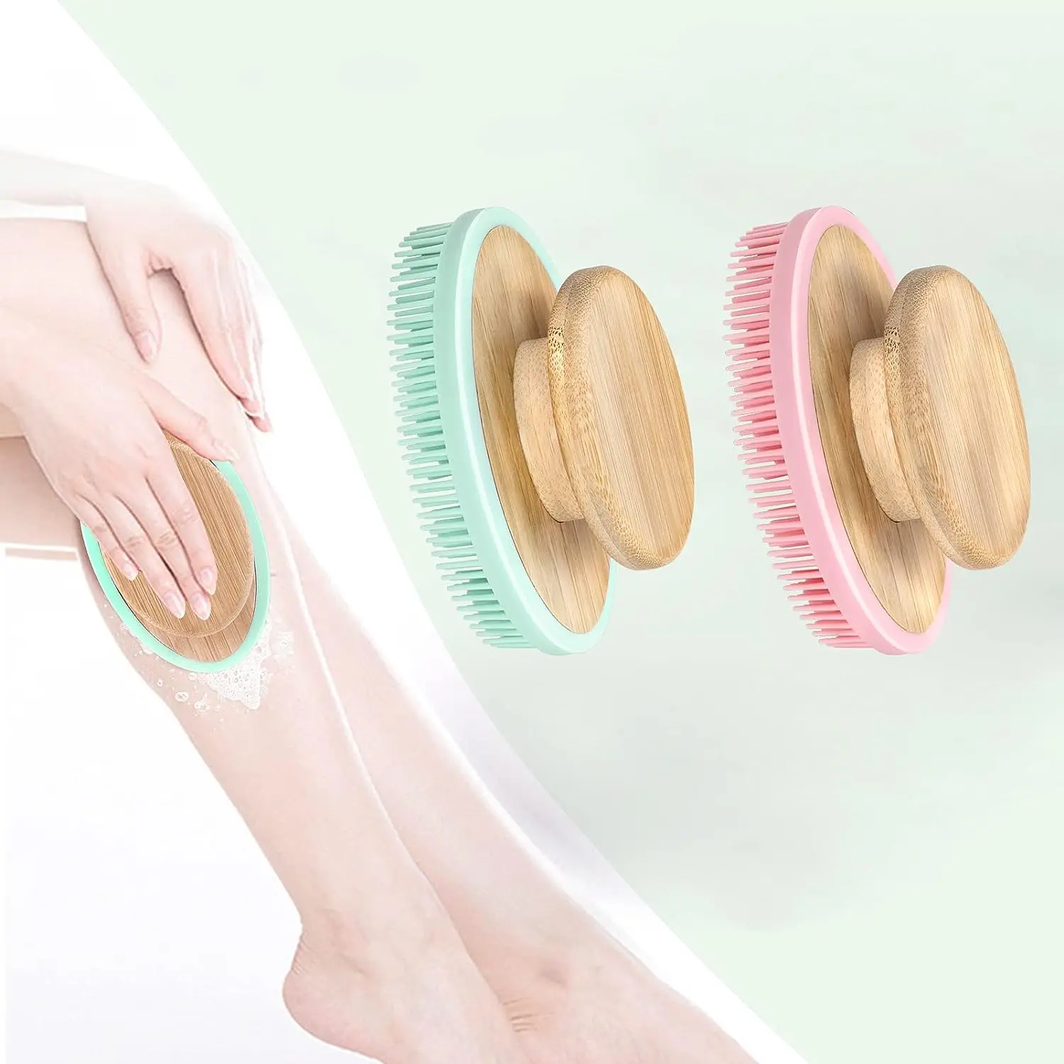 Private logo Bamboo Silicone Body head shampoo Scrubber Brush Shower Brush for Sensitive Skin of Man Woman Kids