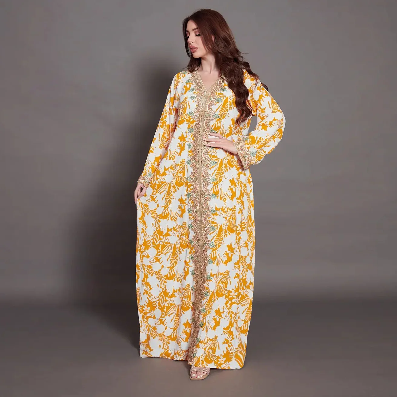 Hot selling loose wear fashion print beaded long sleeve maxi dress islamic clothing muslim dresses for women