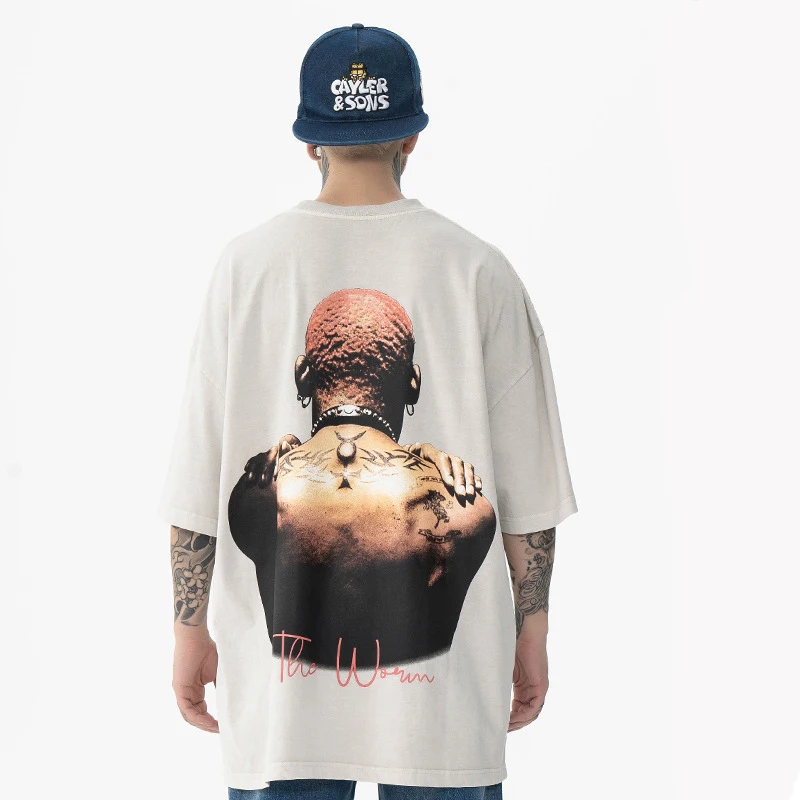 European and American vintage washed and distressed big bug Rodman printed short sleeve t-shirt