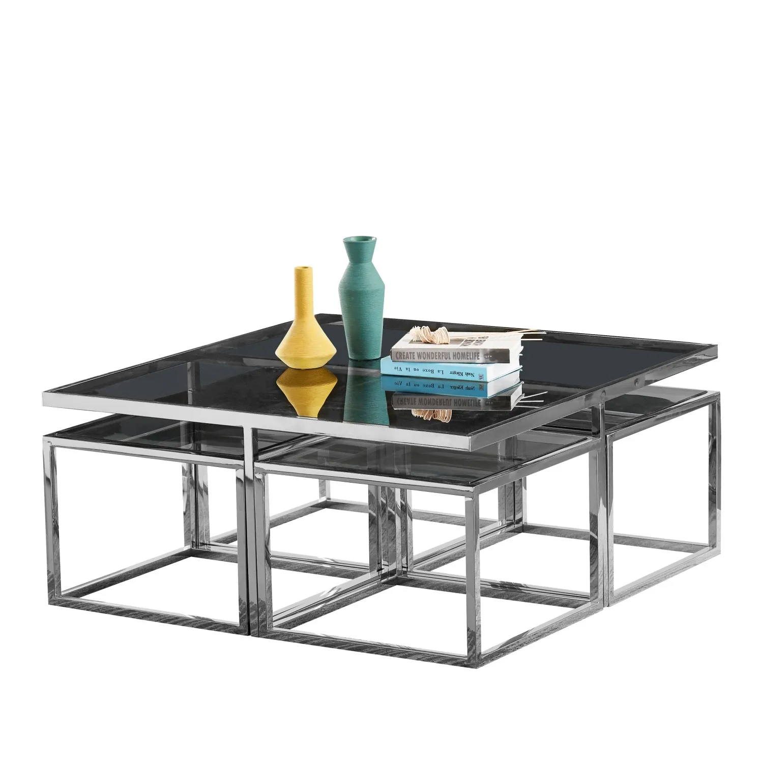 MODERN grey black glass nesting 4 coffee table set silver stainless steel center table for home living room furniture