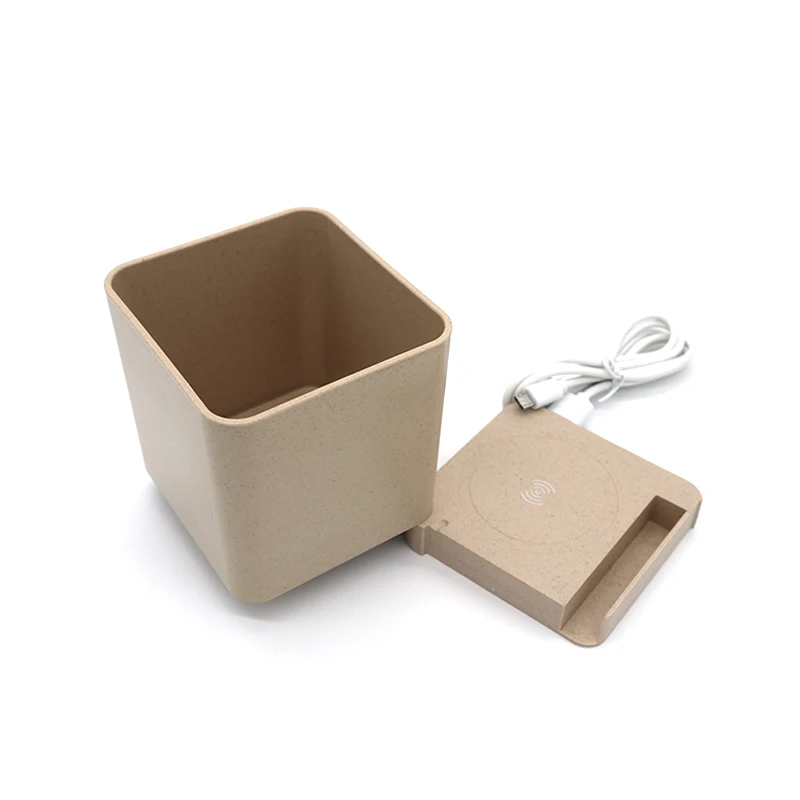 Desktop Multifunctional Wheat Straw Plastic Pen Holder with Mobile Phone Holder and Wireless Charger