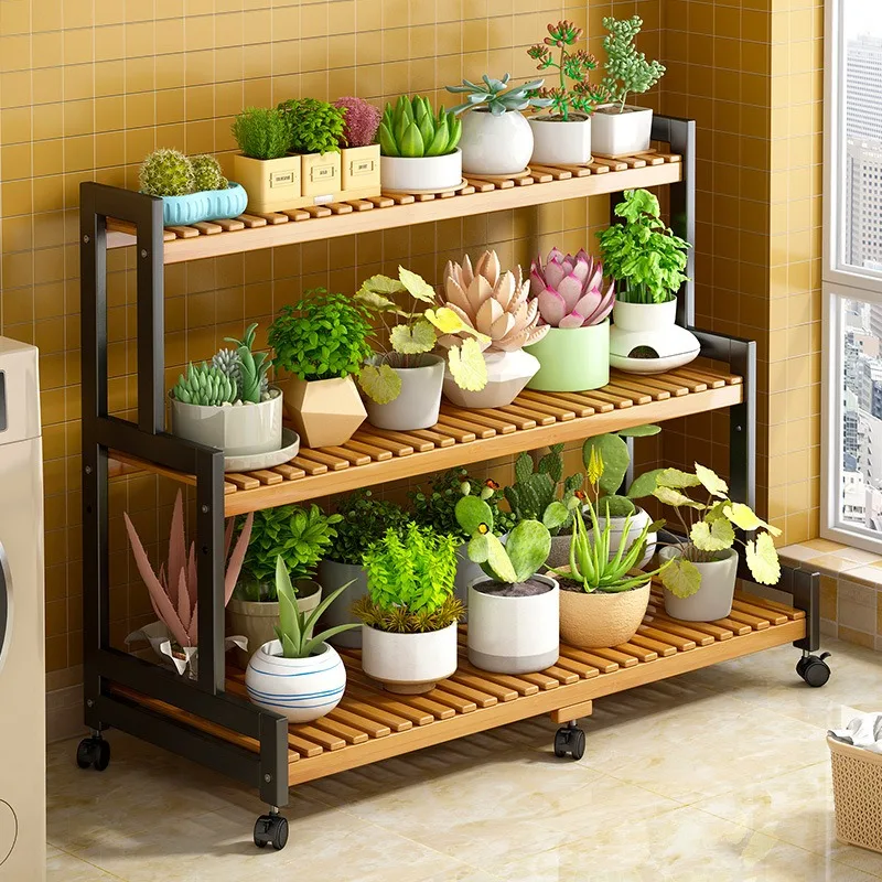 Flower Pot Stand Rack Holder,Display Plant Ladder Outdoor Indoor Storage Organizer Rack, Bamboo Rolling Plant Stand with Wheels,