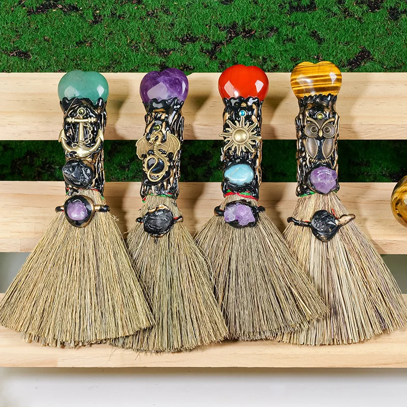 Natural Rose Quartz Magic Broom Love Reiki Healing Crystal Mini Witch Broom For Cleansing Bedroom Home Decor Gifts