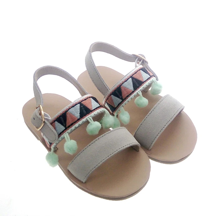 hottest pom pom teens big size genuine leather shoes sandals for kids girls