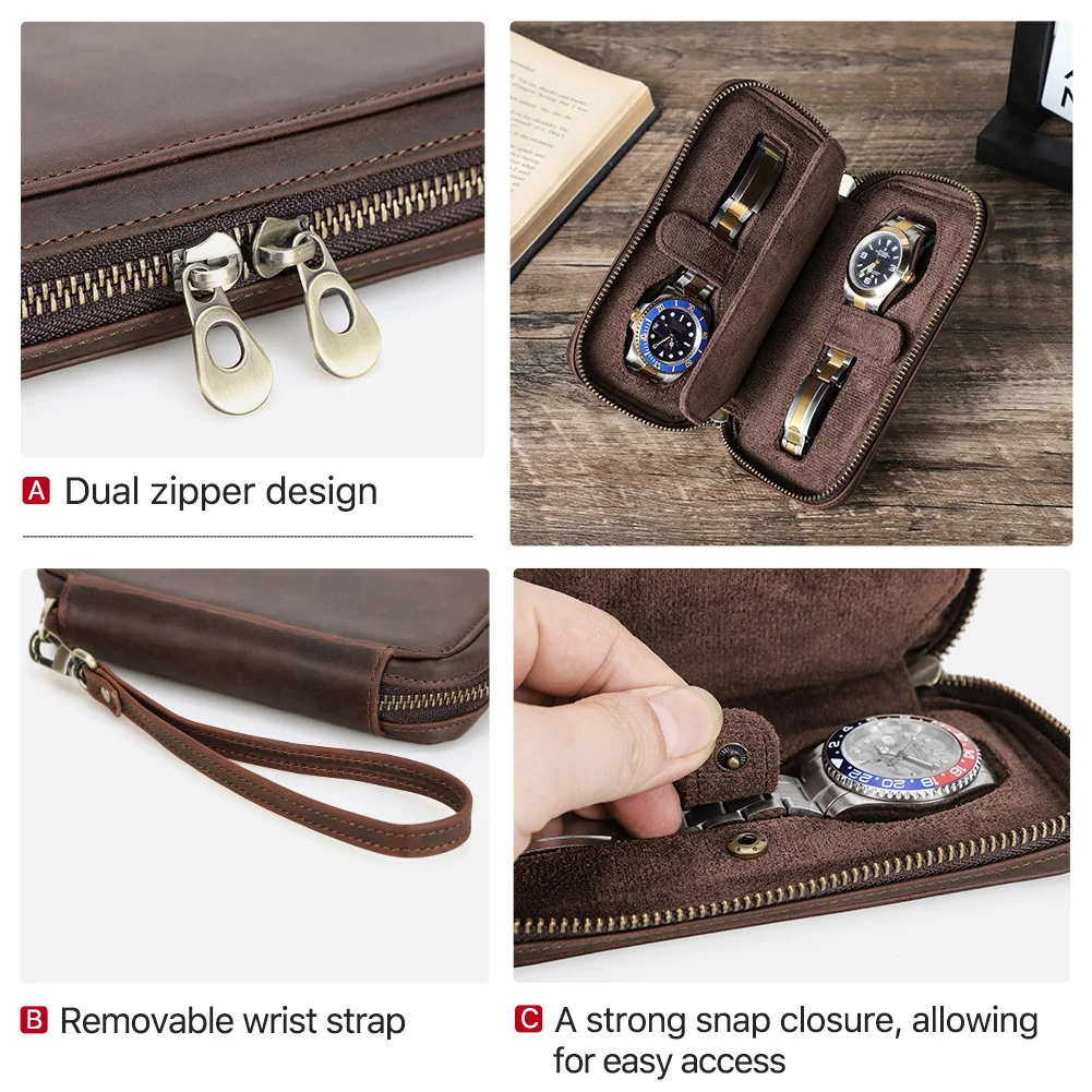 2 Slot Custom Leather Watch Case Portable Watch Travel Case Real Leather Luxury Handmade Watch Box Carrying Holder Coffee CF1196