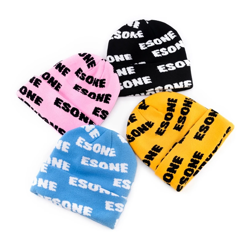 Wholesale Custom Logo Winter Warm Cuffless Skull Cap Jacquard Acrylic Knitted Beanie Hats
