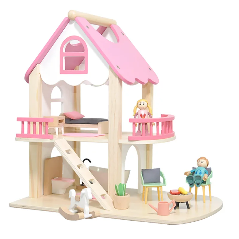 Mini Doll House Small Pink Portable Nordic Castle Princess House Nordic Wood Doll House  For Girls