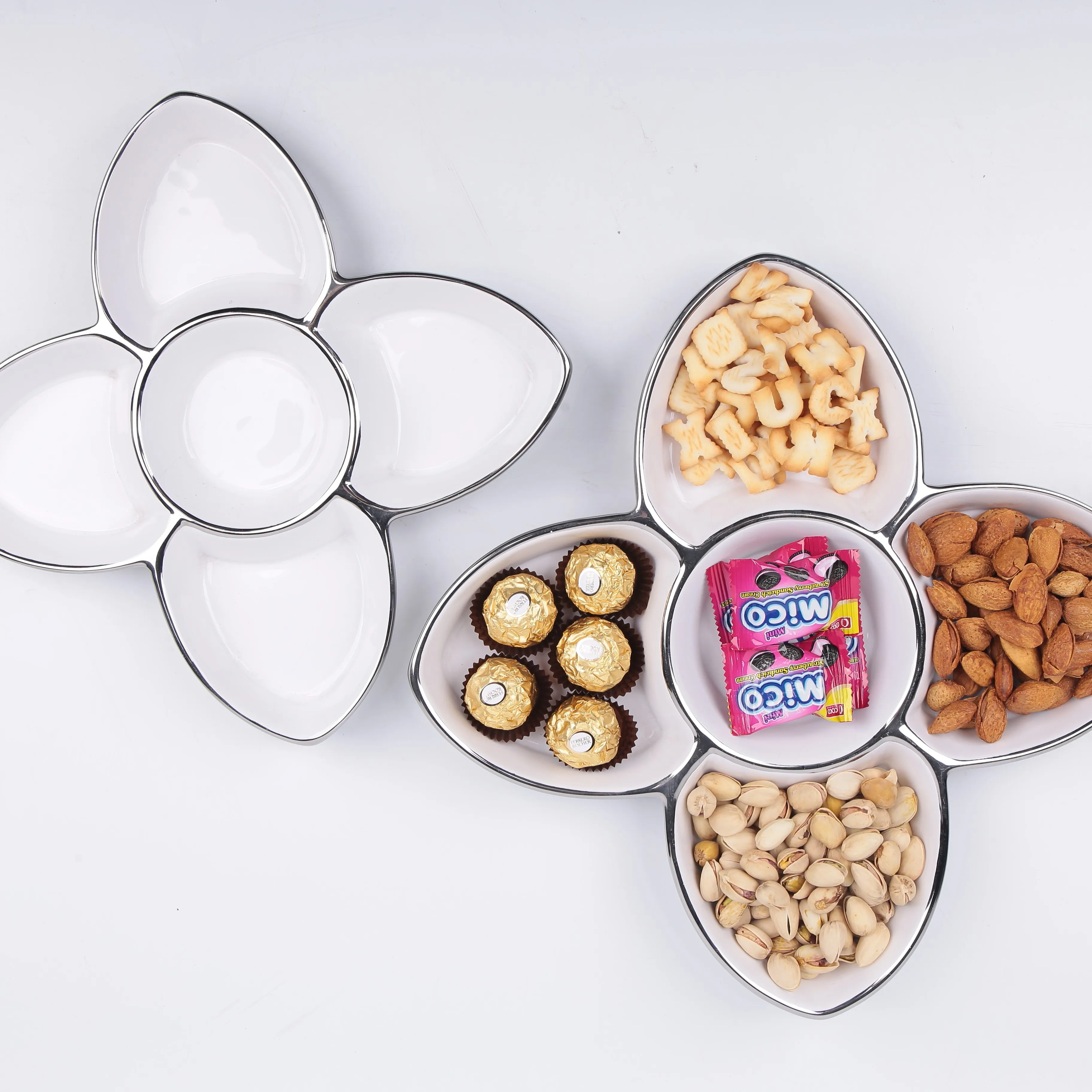 Custom Modern Divided Platter White Ceramic Serving Plate Handmade Snack Dish Candy Dried Fruit Plate