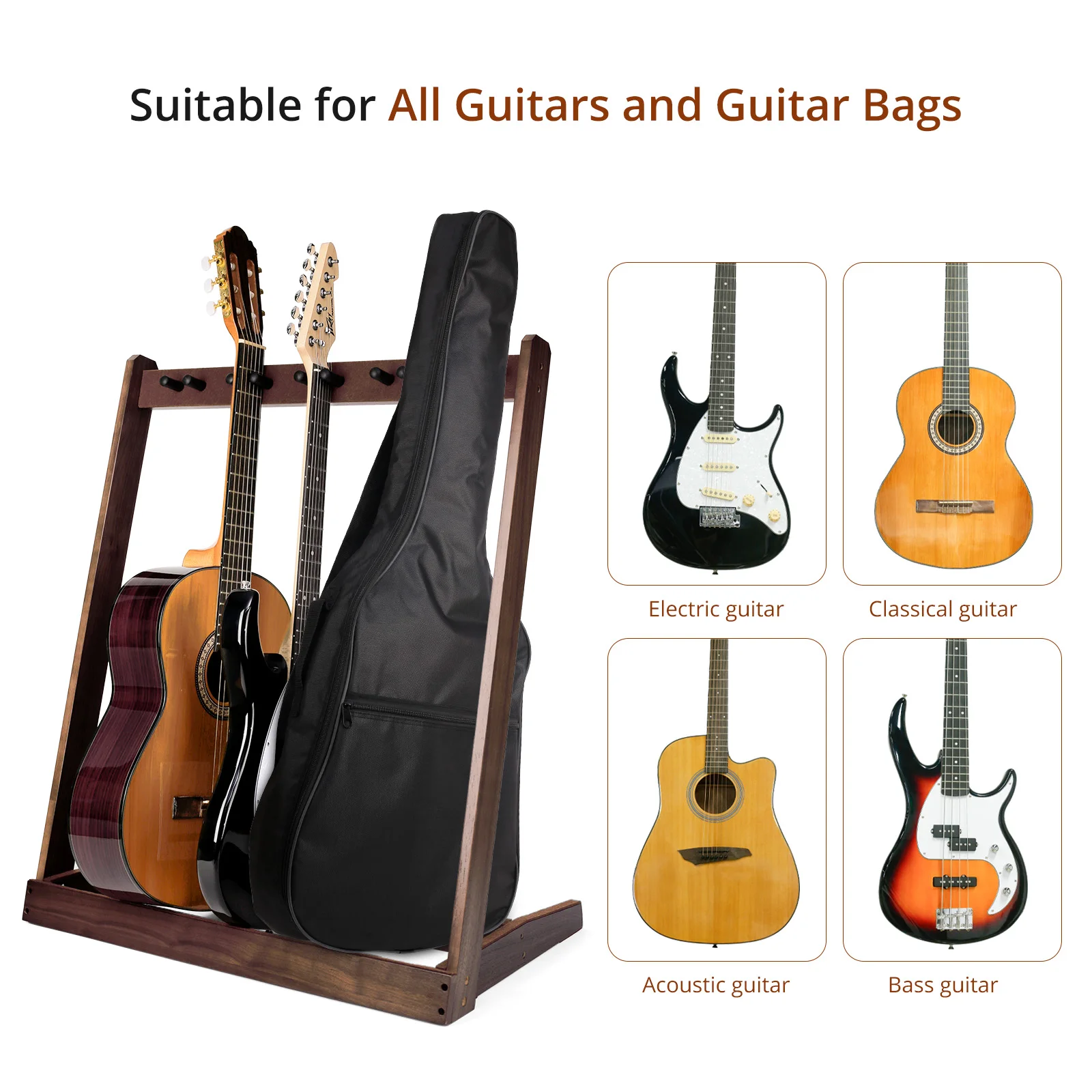 Guitar Stand for Multiple Guitars, Hardwood Black Walnut Rack for wooden guitar display holder