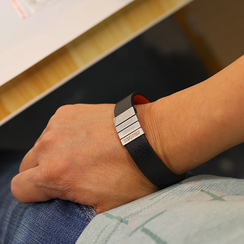 Father Gifts Engrave Personalized Genuine Leather Bracelet Stainless Steel Beads Custom Name Charm Bracelets with Family Names