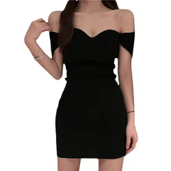Women casual solid color off shoulder bodycon slim 100% cotton lady elegant sexy party evening dress