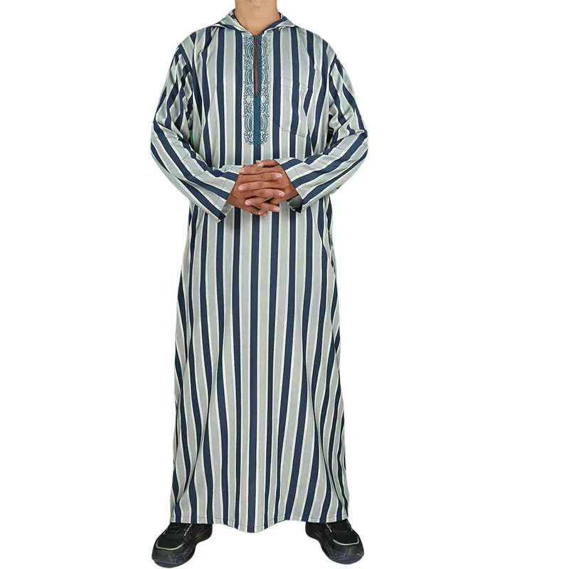 WholeSale New Model Morocco Wearing A Hat Style Cotton And Linen Strip Fabric Khamis Arab Islamic Clothing Thobe Moroccan Hooded