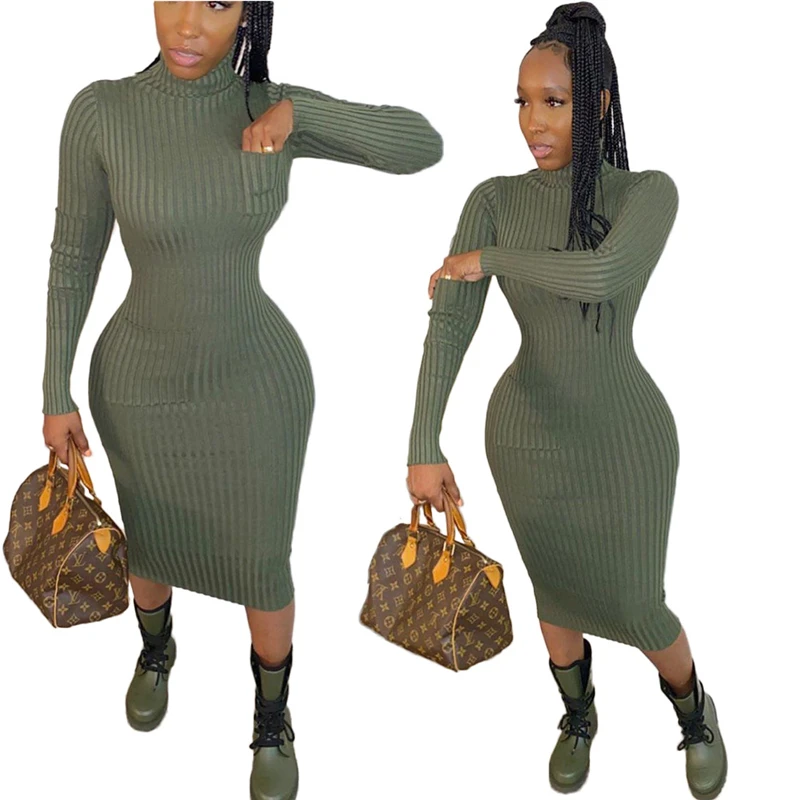 Custom Plus Size Winter Dresses Women Solid Color Long Dresses Women Maxi Dresses Lady Elegant With Pocket