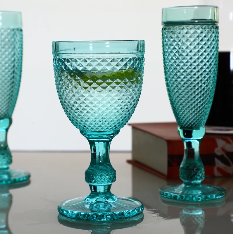Discount Wholesale Vintage Decorative Goblets Pressed Amber Wine Glass Colored Glass Cup Embossed Glassware for Wedding Events