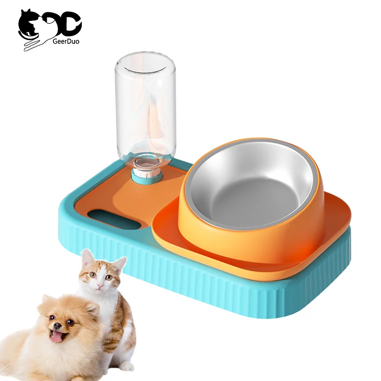 Geerduo Pet Raised Tilted Detachable Stainless Steel Cat Feeder Food Feeding Water Bowl Set