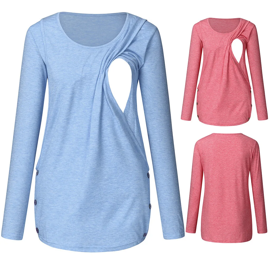 2020 casual Maternity Solid Shirts Fashion Pregnancy Long Sleeve Tops for Maternity Breastfeeding and Nursing Daily Wear