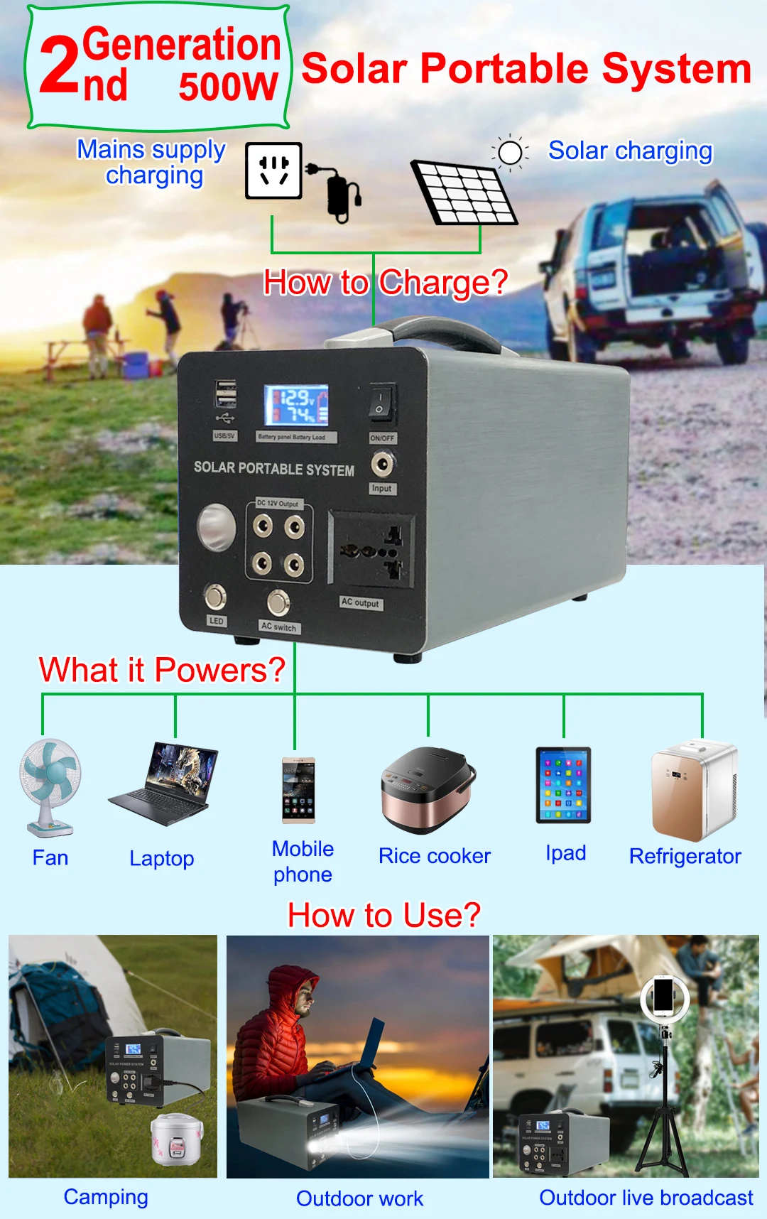 wholesale outdoor solar energy storage power station 300w-1500w solar portable power station system with solar panel