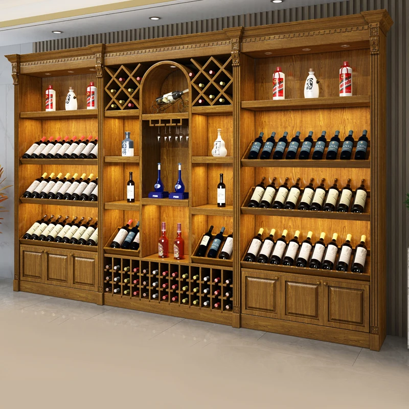 Customized wine store cellar shelves wooden wine shelf display rack with light