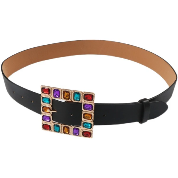 Belts for Women with Big Rhinestone Square Buckle,Skinny Leather Belts Waistband
