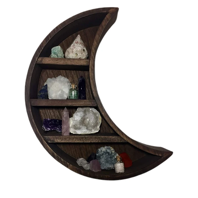 Wooden Crescent Moon Shelf Moon Wall Decor Crystal Display Shelf Rustic Decor Unique Shape Moon Phase Shelves