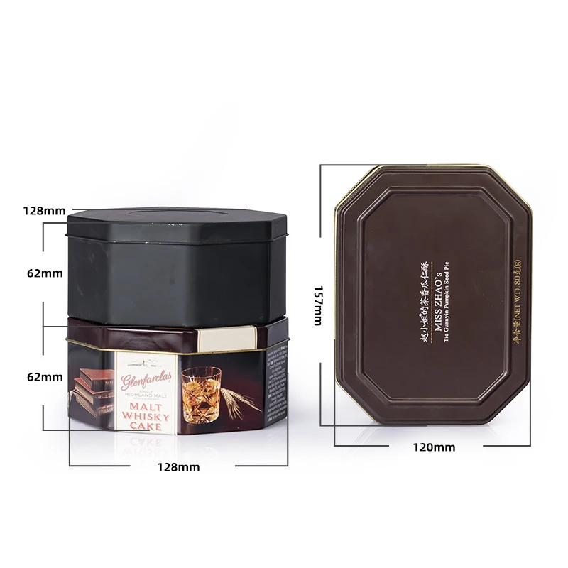 Factory Luxury Custom Metal Food Packaging Black Octagonal Tin Can Polygon Tins Irregular Tin Box For Cookies