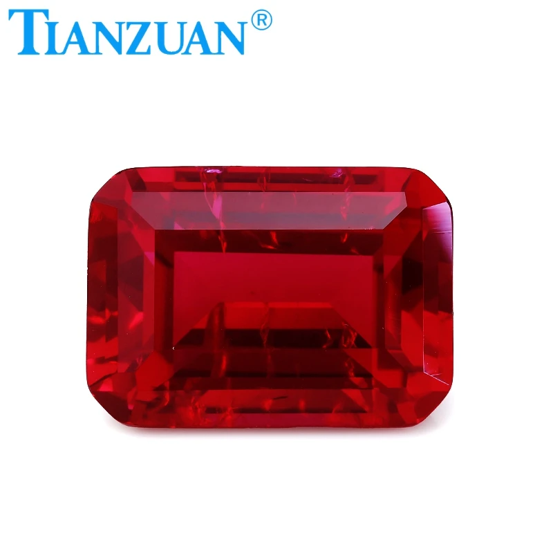Pigeon Blood Red color lab created ruby rectangle Octagon shape emerald cut including minor cracks inclusions loose gem stone