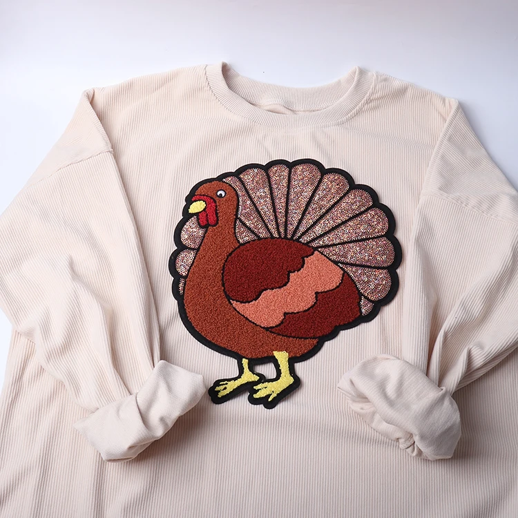 Wholesale large big embroidery sew on patches thanksgiving iron on glitter sequin chenille turkey patch for women shirt