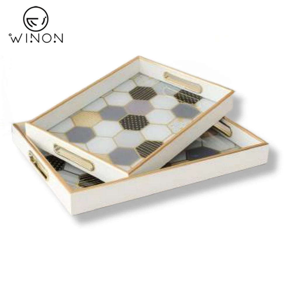 Crazy price MDF With UV Mirror Rectangle Sharp Display Serving Tray 2pcs Set With Handle For Jewelry  and Cosmetics