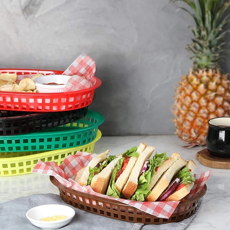 10.5 x 7 Inch Black Plastic Fast Food Baskets ood Service Tray for Hot Dogs Burgers Sandwiches Fries Barbecues Picnics