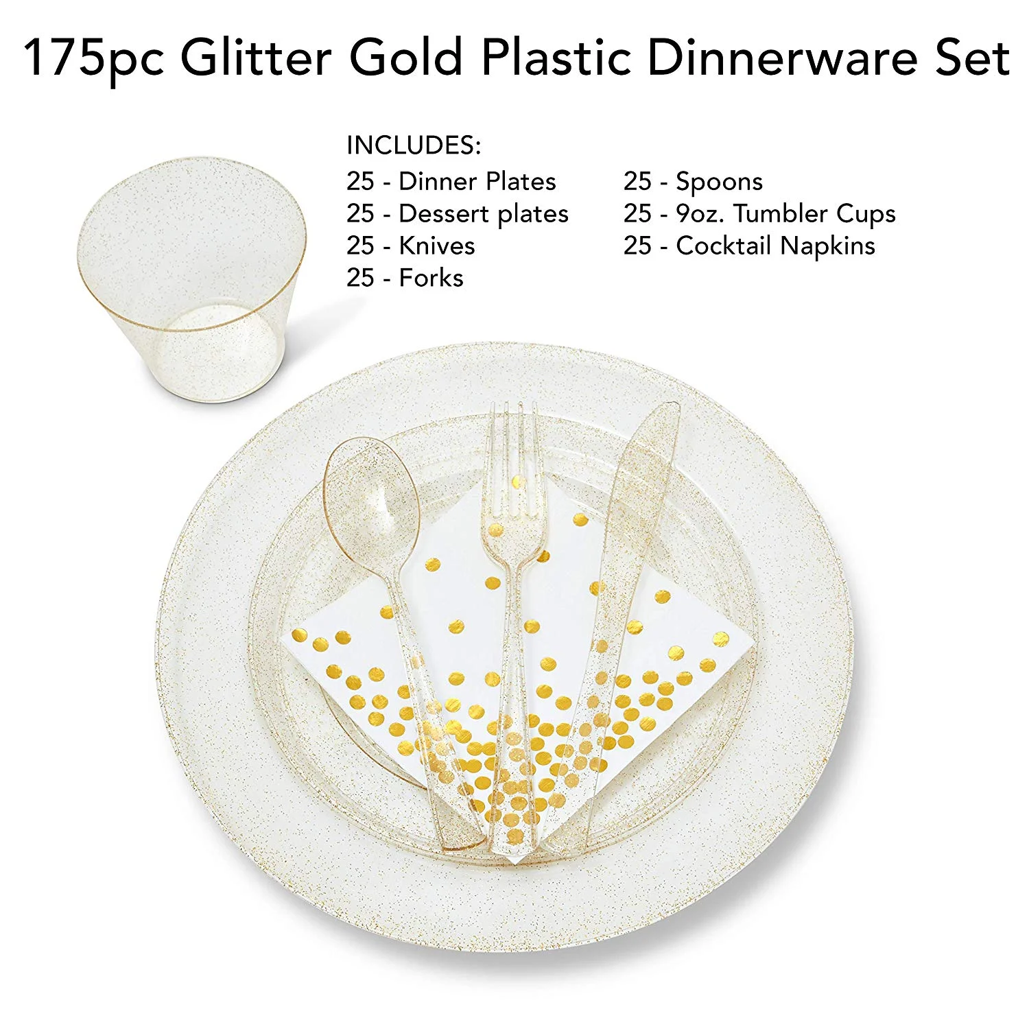 Gold Plates dinnerware set with Disposable Plastic Silverware,Gold Glitter Design Plastic Tableware sets