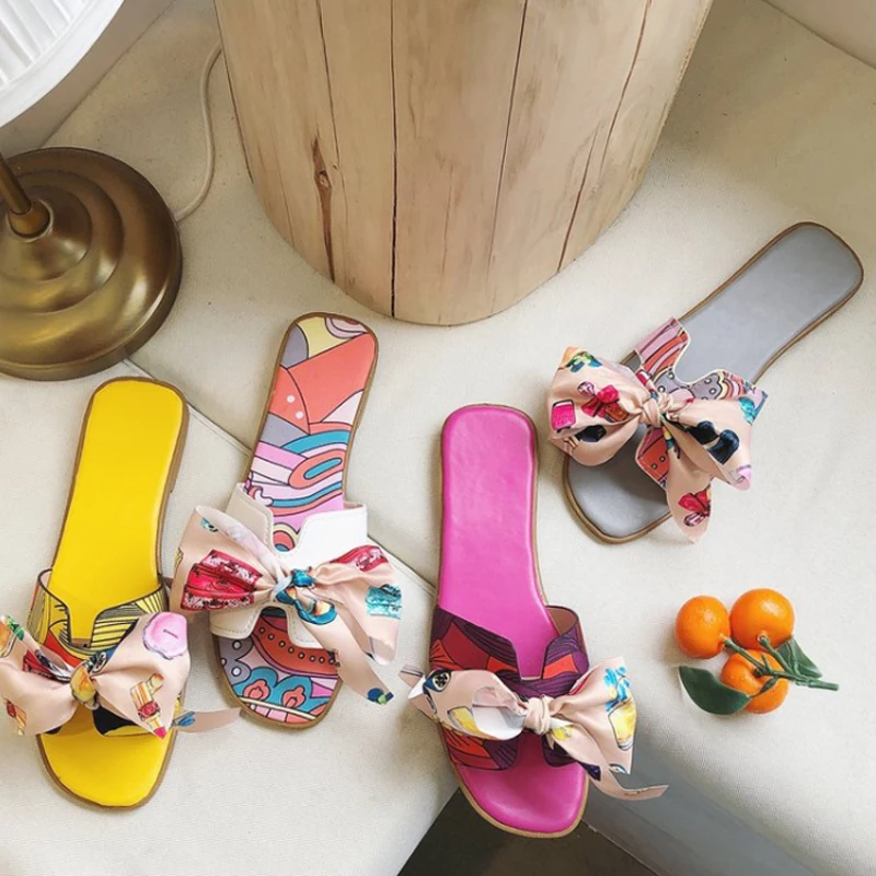 Designer Trendy Bowknot print upper Sandals rubber sole Southeast Asian style outdoor Women Slippers ladies flats shoes