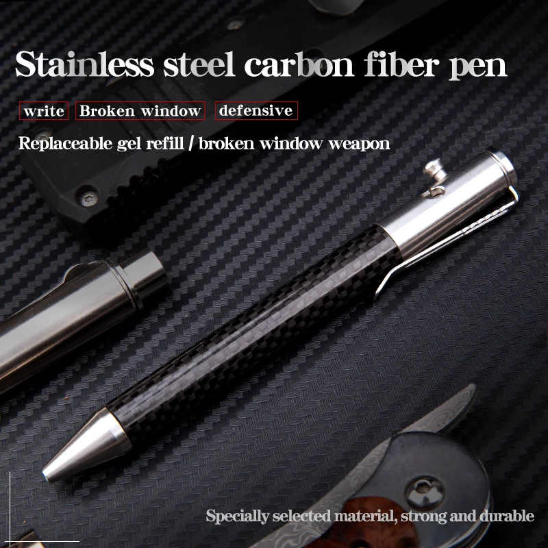 Stainless steel carbon fiber tactical pen broken window writing pen to carry with you