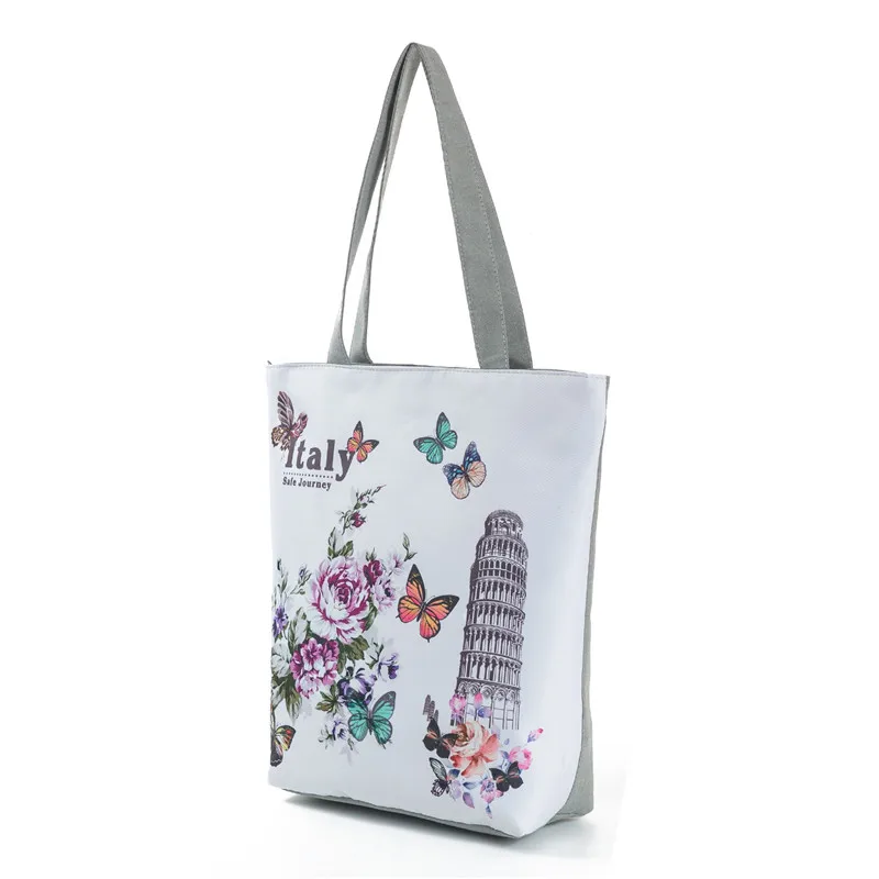 Italy Vintage Tower Design Shoulder Bags Women Summer Floral Beach Bags For Female Single Canvas Shopping Handbags High Capacity