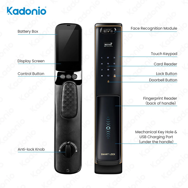 Kadonio Built-in Camera APP Remote Control Fingerprint Face Recognition Smart Door Lock With Doorbell