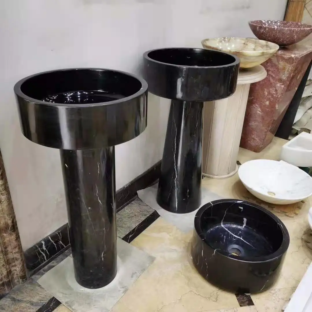 Natural black marble stone pedestal sink