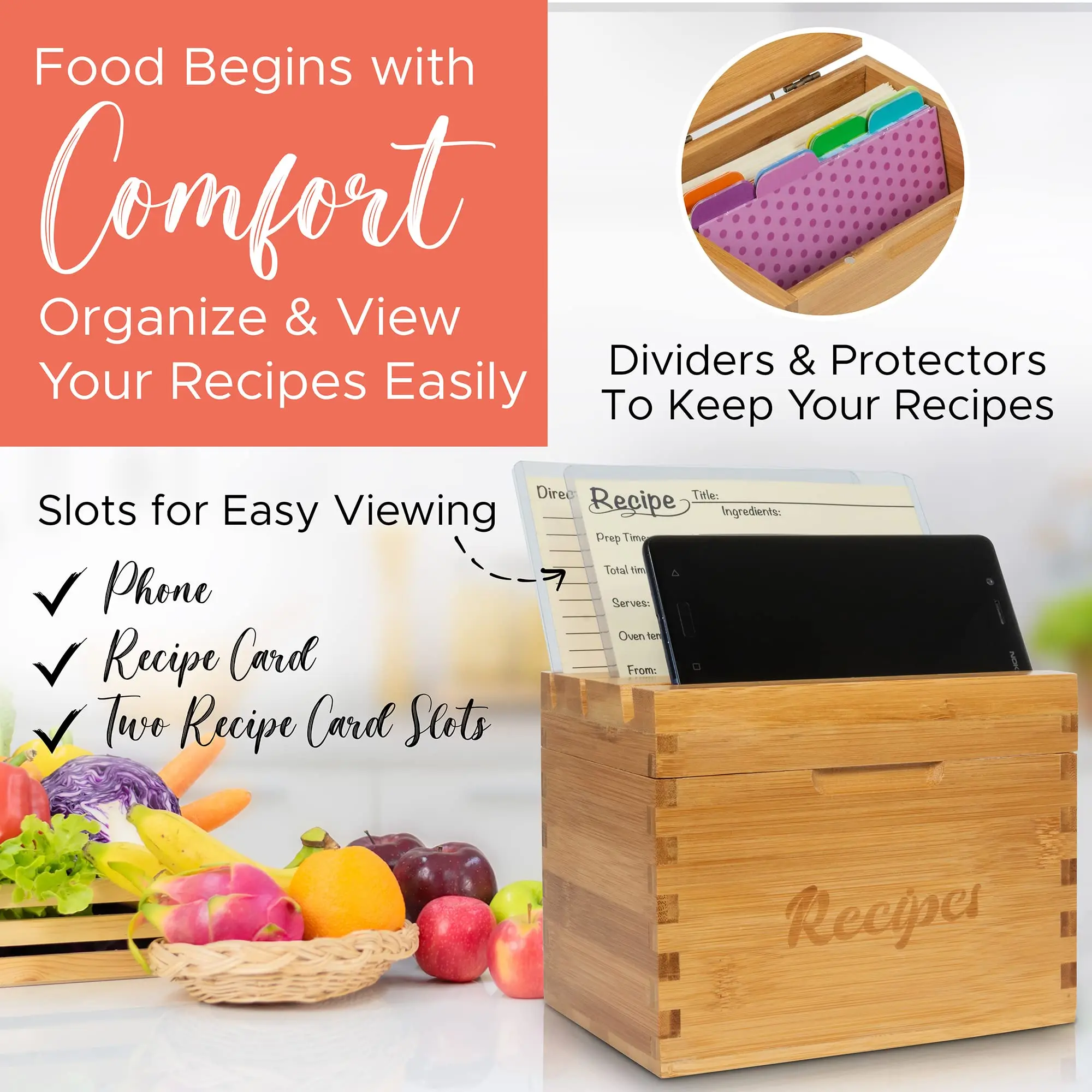 4x6 Bamboo Wood Recipe Box With 16 Dividers 70 Recipe Cards and 2 Protective Sleeves