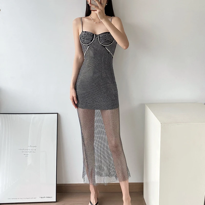 Wholesale Mesh sequin shiny Slip Dress Sexy Bodycon diamond evening dress