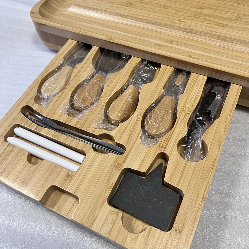 Charcuterie Board Square Wood Cheese Plate Platter Tray 3 4 Slide Out Drawers Bamboo Cheese Board With Knife Set