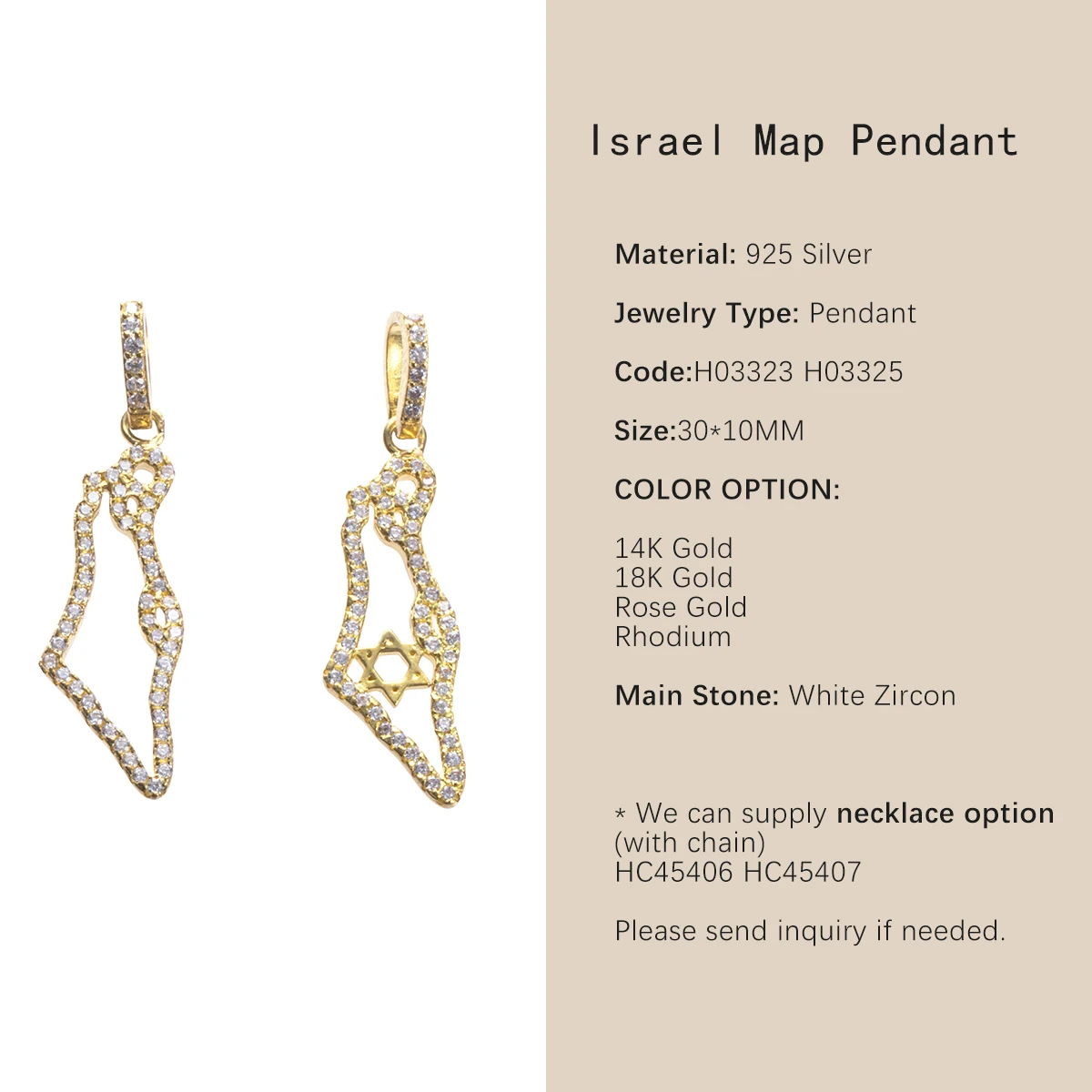 925 Sterling Silver Jewelry Manufacturer Zircon Israel Map WIth Star Of David Pendant Charm For Necklace