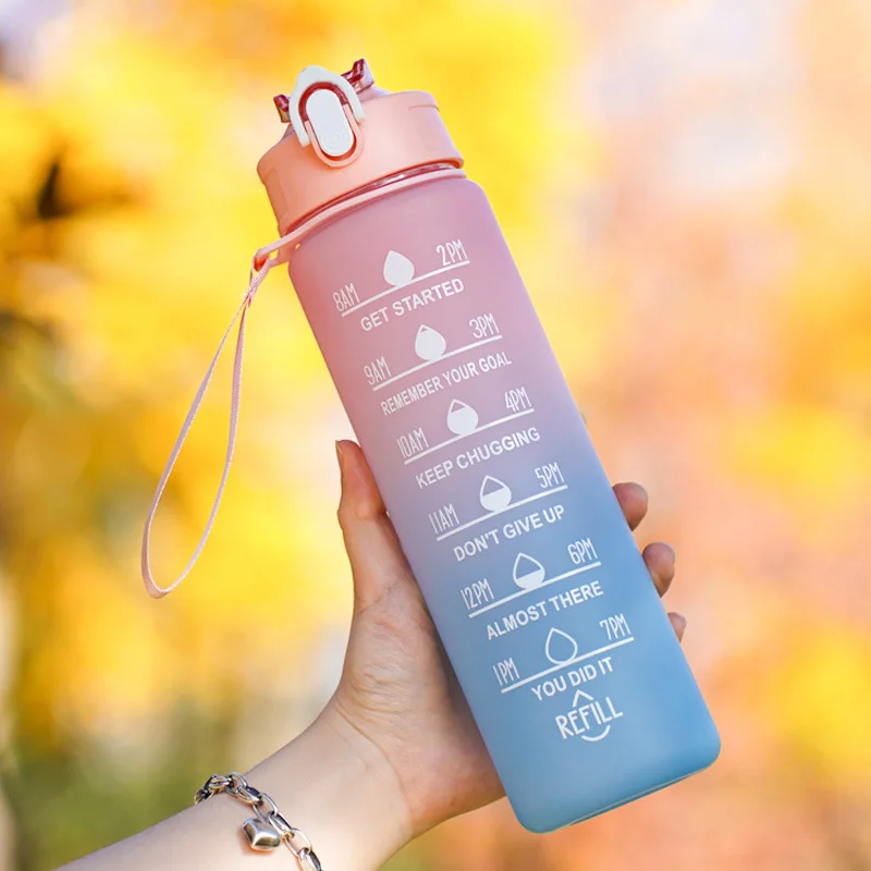 1L 32 oz Straw Strainer Filter Gym Fitness Sports BPA Free Tritan Motivational Water Bottle With Time Marker