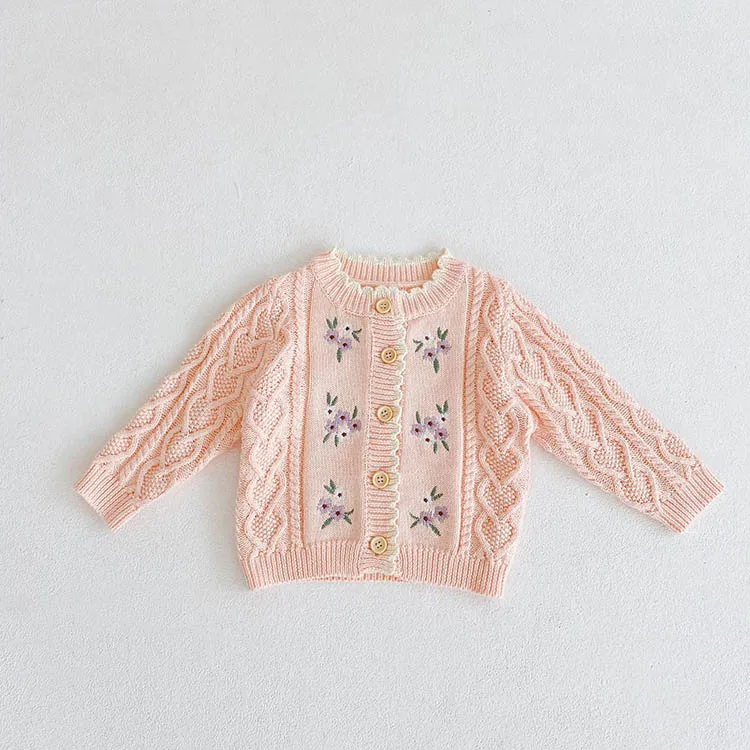 Wholesale Autumn And Winter Baby Girls Sweater Embroidery Flower Cardigan 100%Cotton Kids Sweater Outwear Coat