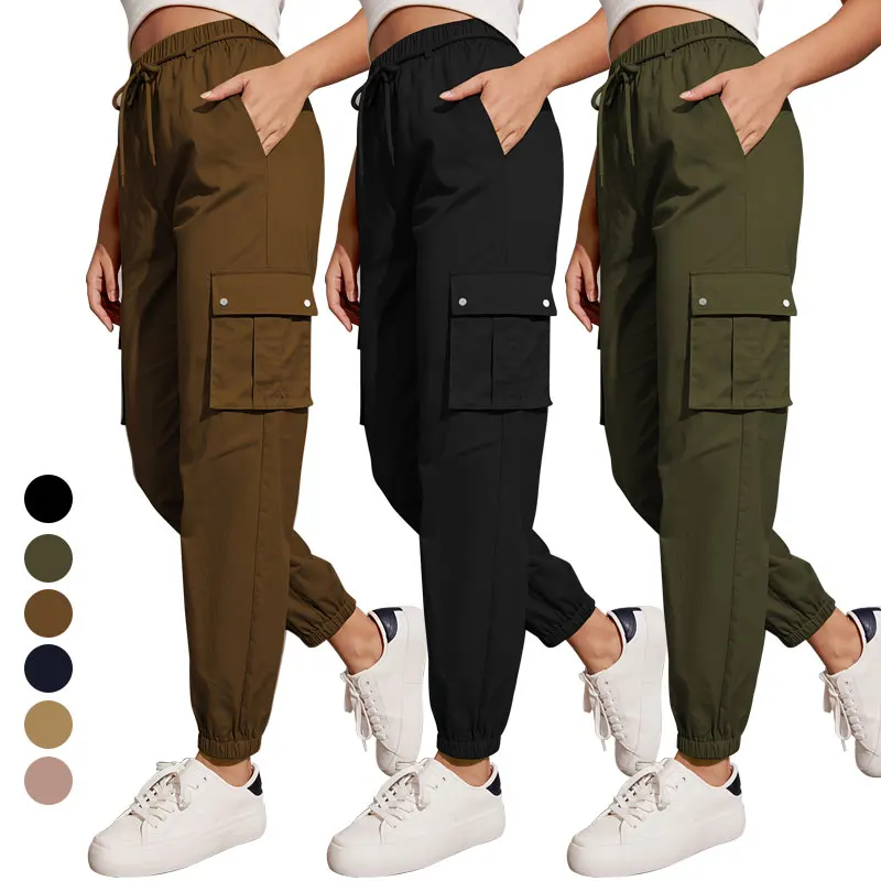 Flame Resistant Casual Loose Baggy Pant Manufacturer Ladies Trousers mujer Y2K Solid Pockets Drawstring Cargo Pants for Girls