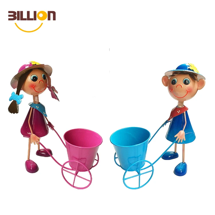 Iron Metal Garden Wholesale Planter Iron Boy Girl Figures Garden Flower Pot