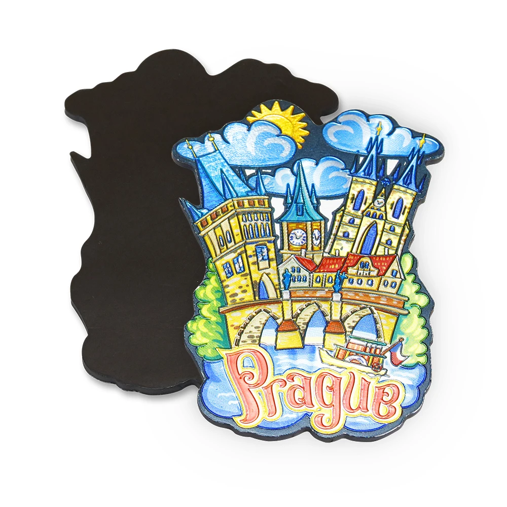 Die Cut Shaped Custom Souvenir Almuniums Foil Magnet Trade Aluminum Foil Fridge Magnet Praha Prague