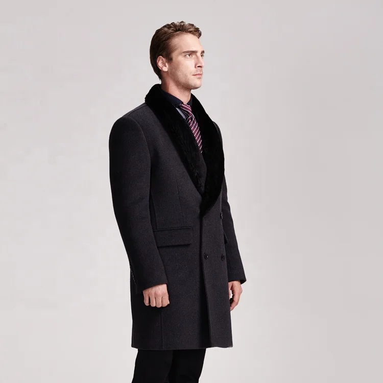 Long Design Mens Winter Wool Cashmere Coats With Real Fur Collar