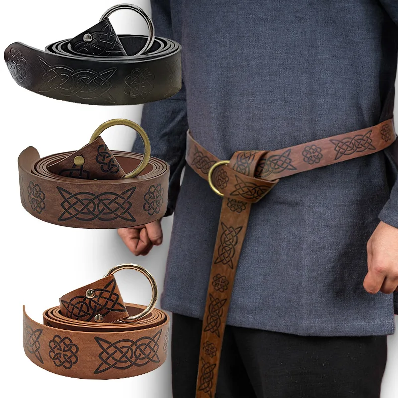 165cm Medieval Embossed Viking PU Leather Belt Retro Renaissance Knight Buckles Belt Leather Waistband for Men Women
